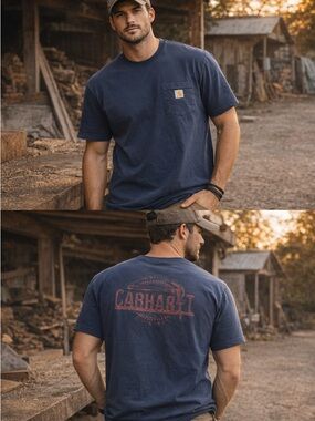 Carhartt Pocket T Shirt Mens Large Navy Blue Workwear Logo Tee Original Fit